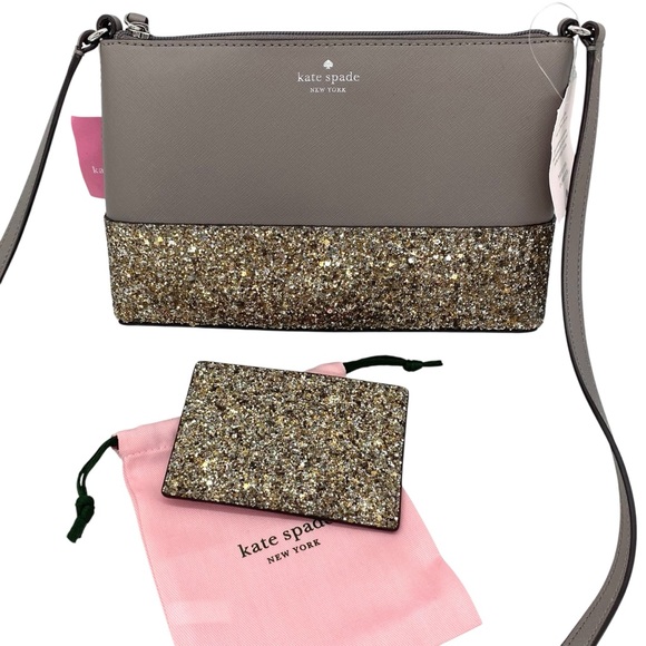 Kate Spade Greta Court Ramey Glitter Crossbody Bag Gray With Matching Wallet New - Picture 1 of 13